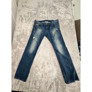 Diesel‎ Industry Men Blue Wash Distressed Denim Jeans Size 36x32 Straight Leg